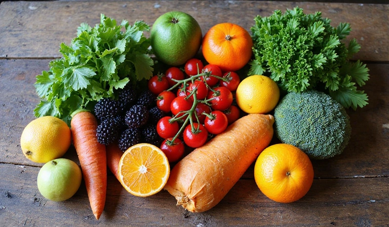 Various colorful fruits and vegetables arranged artfully